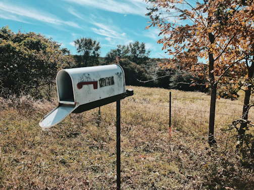 A warm, inviting farm mailbox surrounded by green pastures under a clear blue sky.