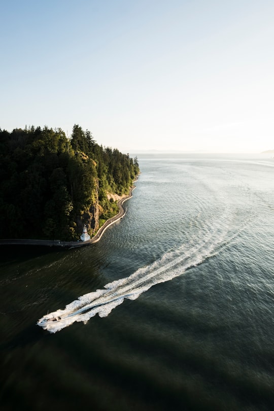 white speedboat passing on sea under clear blue sky during daytime in Stanley Park Canada