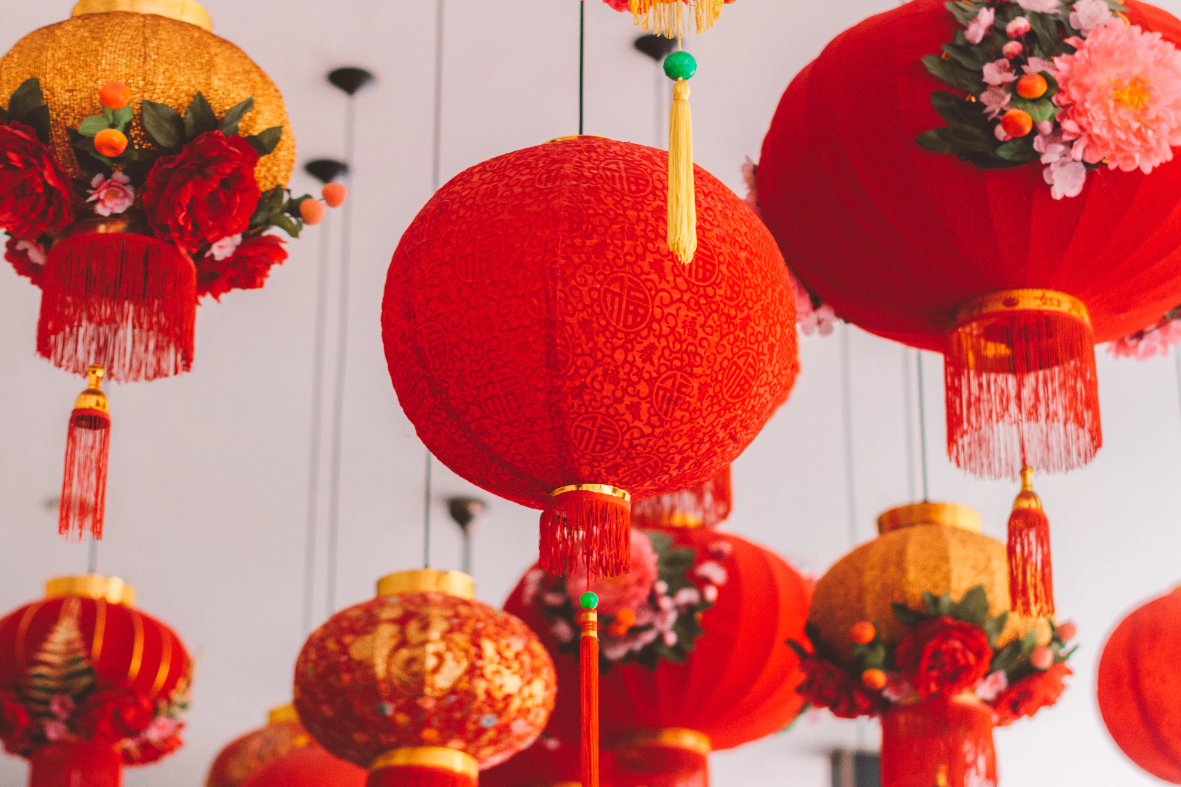 Red silk lanterns glowing overhead
