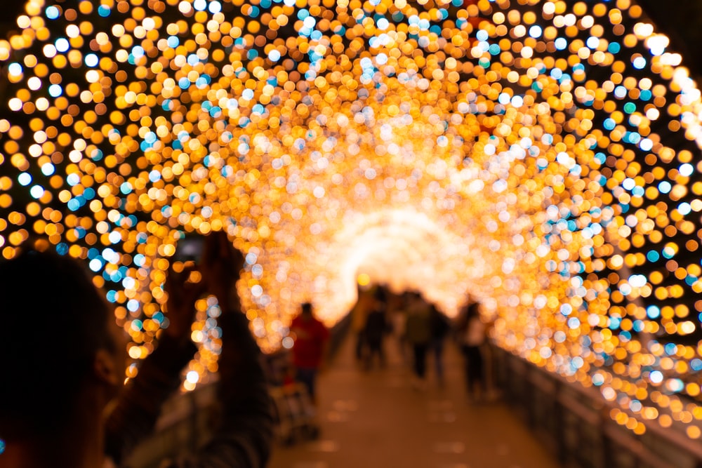 people under yellow bokeh lights