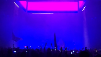 A crowd waving blue and black flags under a fiery orange sunset at an outdoor concert.