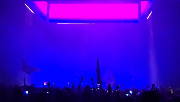 A wide shot of Ishqjit commanding the stage with dramatic purple and gold lighting at a packed concert venue.