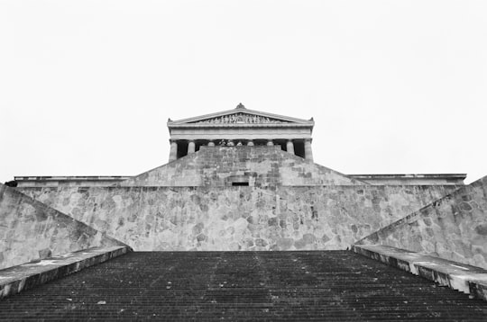 grayscale photography of concrete stairs near musuem in Walhalla Germany