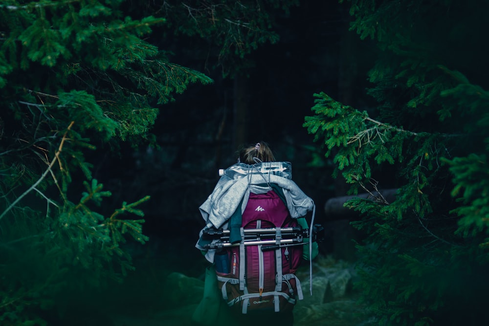 a person with a backpack walking through a forest