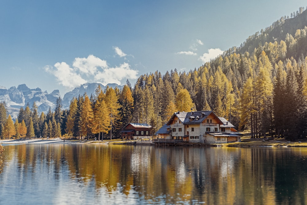 Weißes und braunes Haus in der Nähe eines Gewässers während des Tages