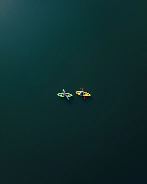 Two kayaks gliding side-by-side across calm blue waters under a clear sky.