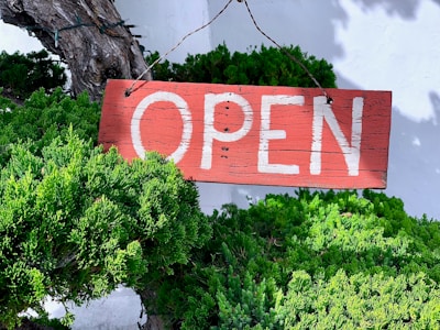 brown and white open signage on green grasses