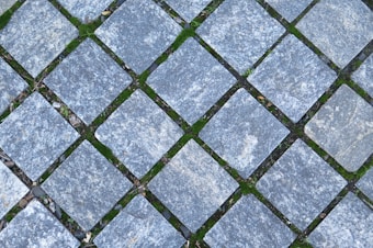Interlocking stone pavers arranged in a diagonal grid pattern with patches of green moss filling the spaces between the stones.
