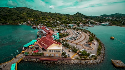 Aerial view of a vibrant town by the sea.