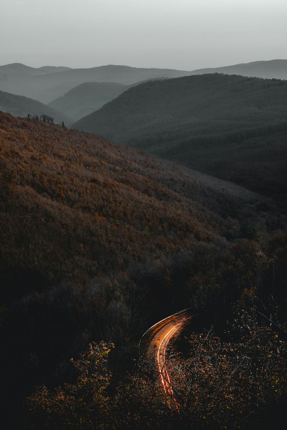 Photographie en accéléré d’une route entourée d’arbres et de montagnes