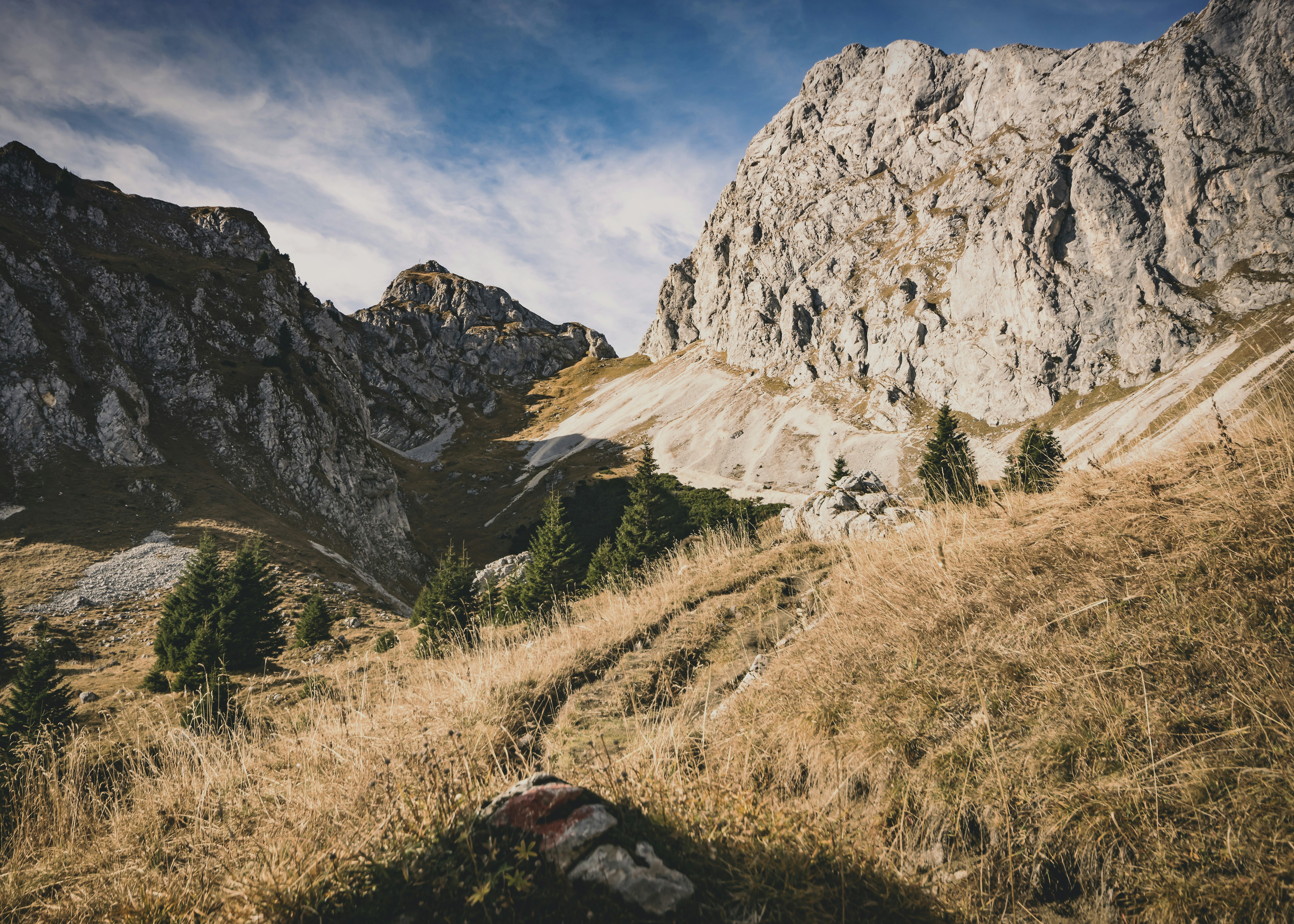 low-angle photo of rocky hills with grasses at daytime