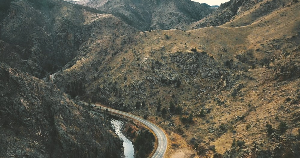 aerial view of road near mountain