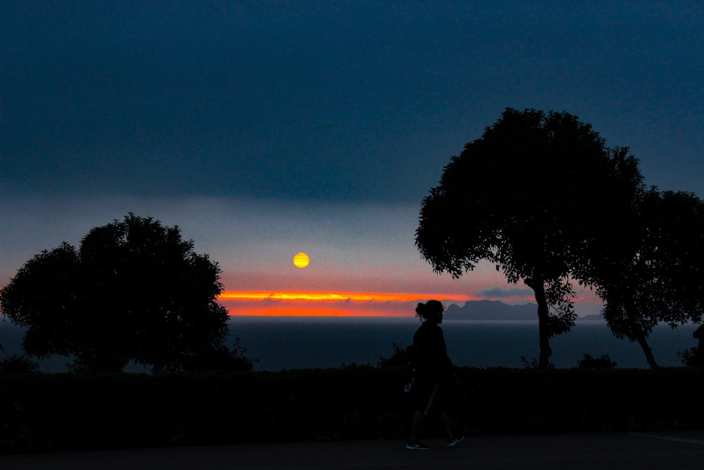 silhouette of woman walking near trees