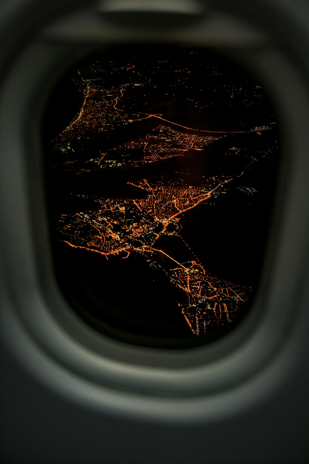 lighted city airplane view