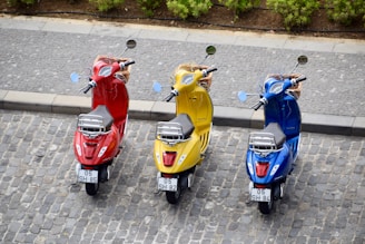Three scooters are parked on a cobblestone street, each in a different color: red, yellow, and blue. The background shows a sidewalk, and there are green shrubs beyond the road.