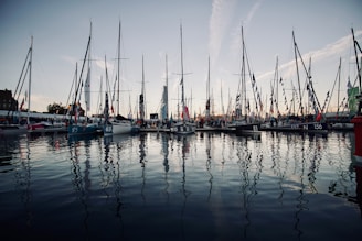 A marina filled with numerous sailboats, each with tall masts reflecting in the calm water. The sky is clear with streaks of clouds. Flags are hanging from many of the boats, indicating a festive or competitive event. The water is smooth, adding to the serene atmosphere.