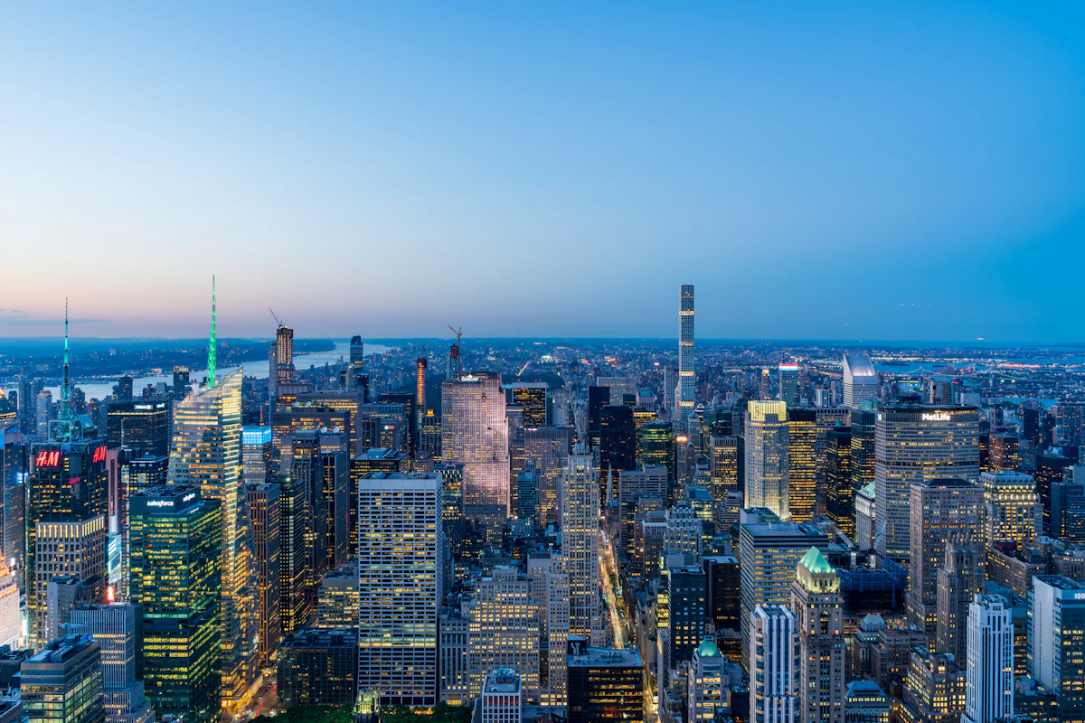 New York City Manhattan skyline with skyscrapers at dusk