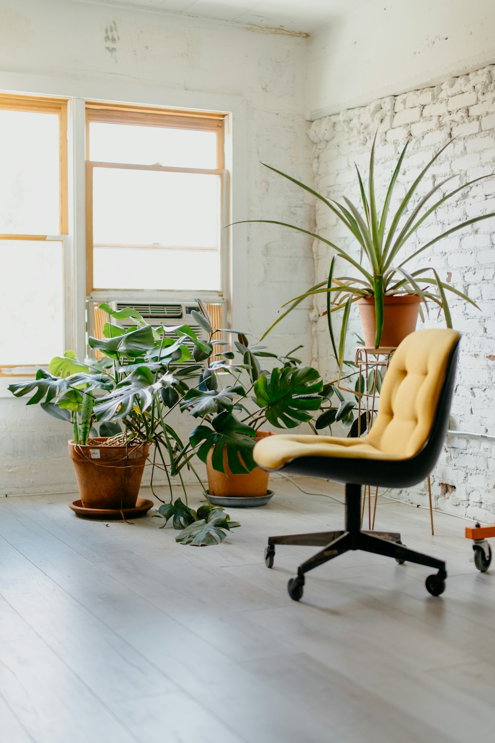 yellow rolling chair near window