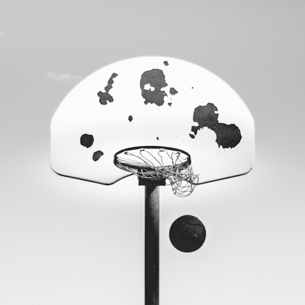 fotografia in scala di grigi del sistema di pallacanestro e della palla