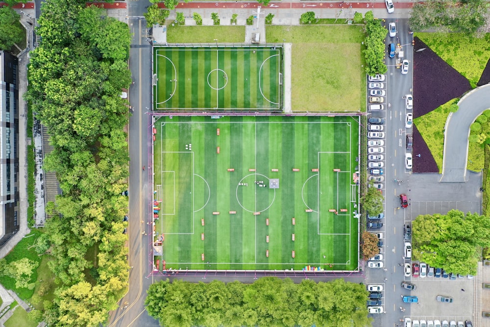 top view photography green football field