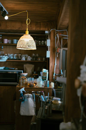 A cozy kitchen scene featuring vibrant household products arranged neatly on a wooden countertop.