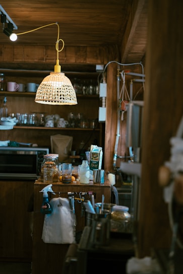 Cozy modern kitchen scene showing various household products arranged neatly.