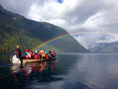 Team of adventurers paddling a canoe on a calm river surrounded by forest