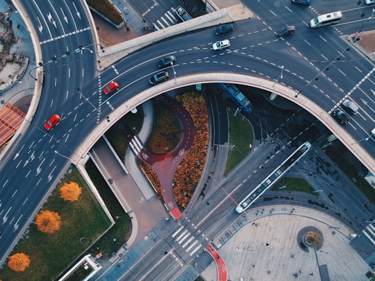 vehicle crossing roads aerial photo in Kraków Poland