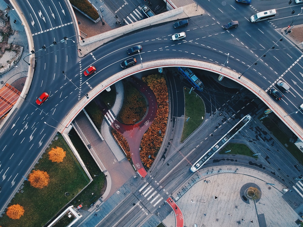 vehicle crossing roads aerial photo