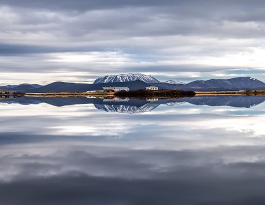 panoramic photo of mountain and lake in Mývatn Iceland
