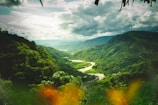 A lush green valley with a winding river under a cloudy sky in Tahiti.