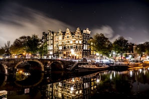Night view of Amsterdam’s illuminated bridges reflecting in calm canal waters.