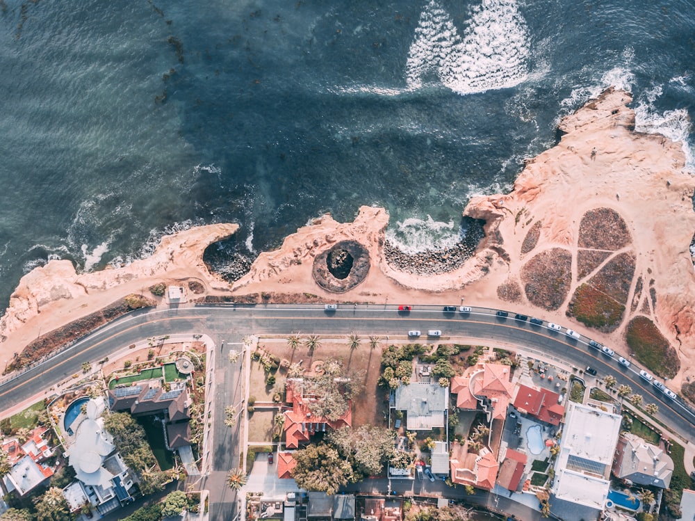 bird's eye view of sea and town