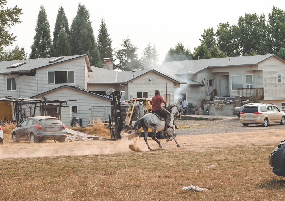 person riding horse near vehicles and houses