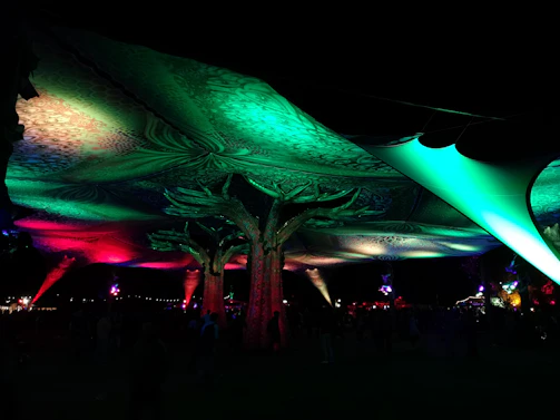 A vibrant photo of a colorful Burning Man art installation glowing at dusk in the desert.