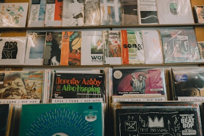 A collection of vinyl records is neatly organized on shelves. The records feature colorful and varied cover art, showcasing different music genres such as soul, funk, and hip hop. The record sleeves are arranged in rows, with some covers displaying artwork and text that are prominent and visually engaging.