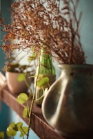 A rustic wooden shelf filled with potted herbs and gardening tools.