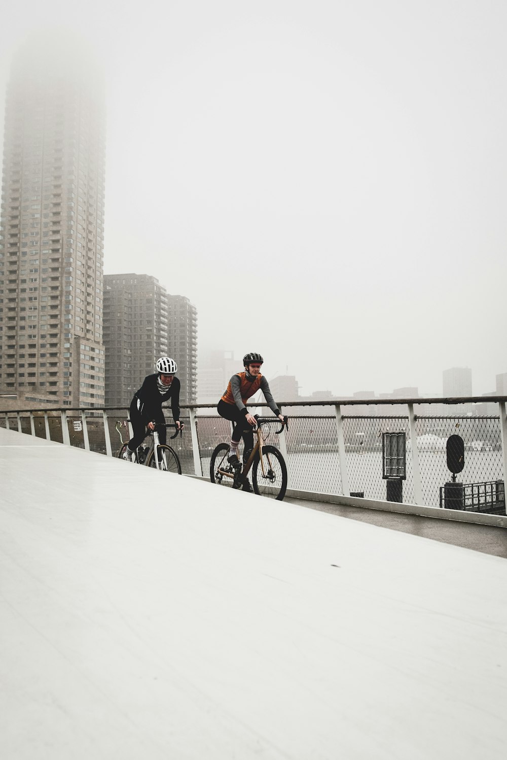 two men riding on bicycle on bridge at daytime