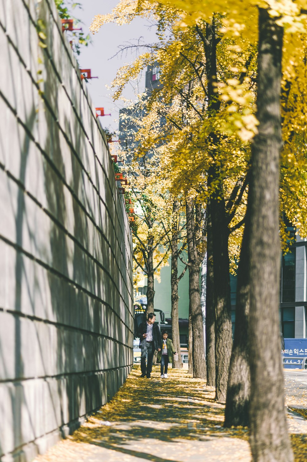 man and children walking beside gray wall