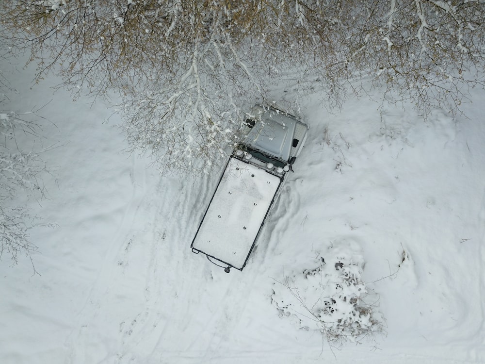 Camión blanco en suelo cubierto de nieve