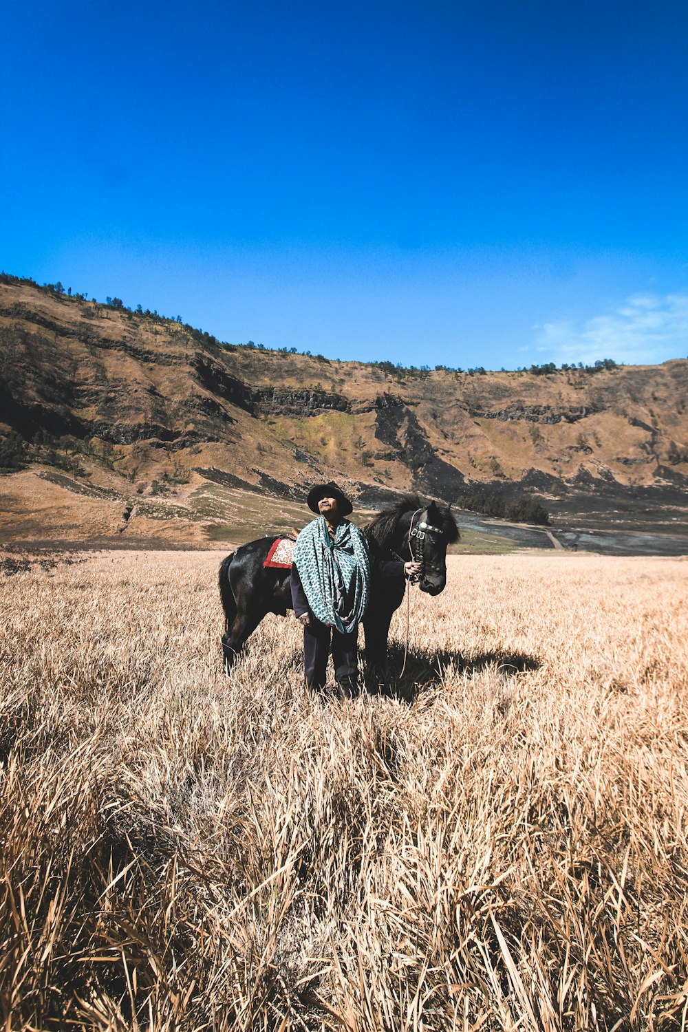 person stand beside black horse on brown grass field near brown cliff