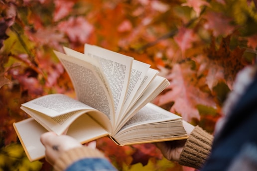 An open book with pages fluttering in the wind, surrounded by autumn leaves.