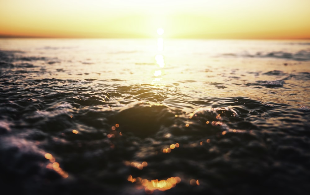 low angle photo of sea during golden hour