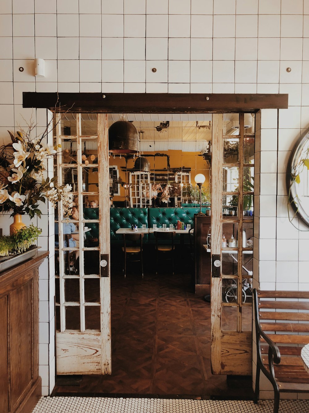 a restaurant with a clock on the wall