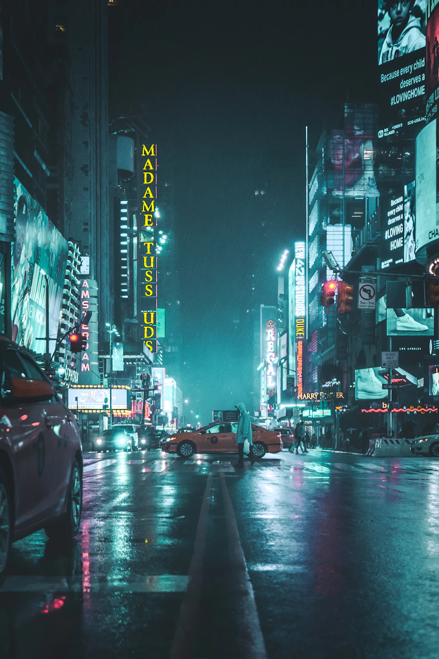 A teal-lit intersection crowded with neon signs
