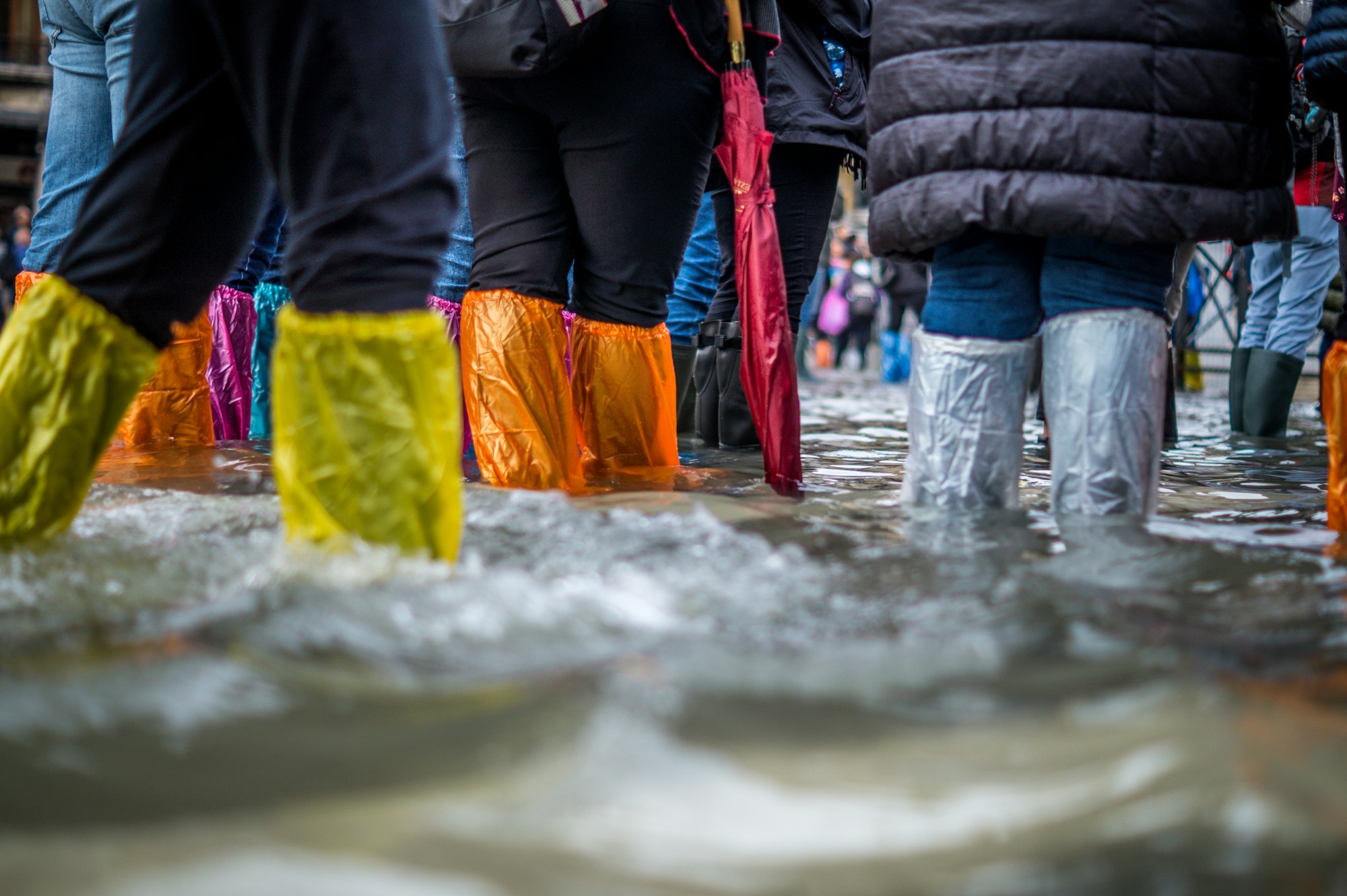 Tourists try to stay dry in a flooded St Mark’s Sq, venice