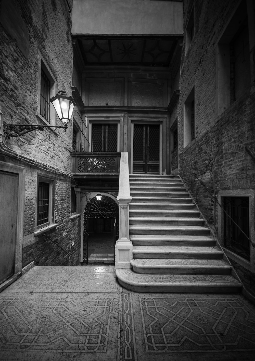 grayscale photography of stairs