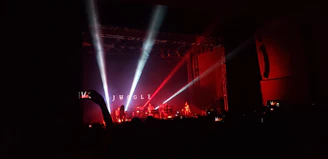 Wide-angle shot of the jungle-themed stage decorated with colorful lights and plants.