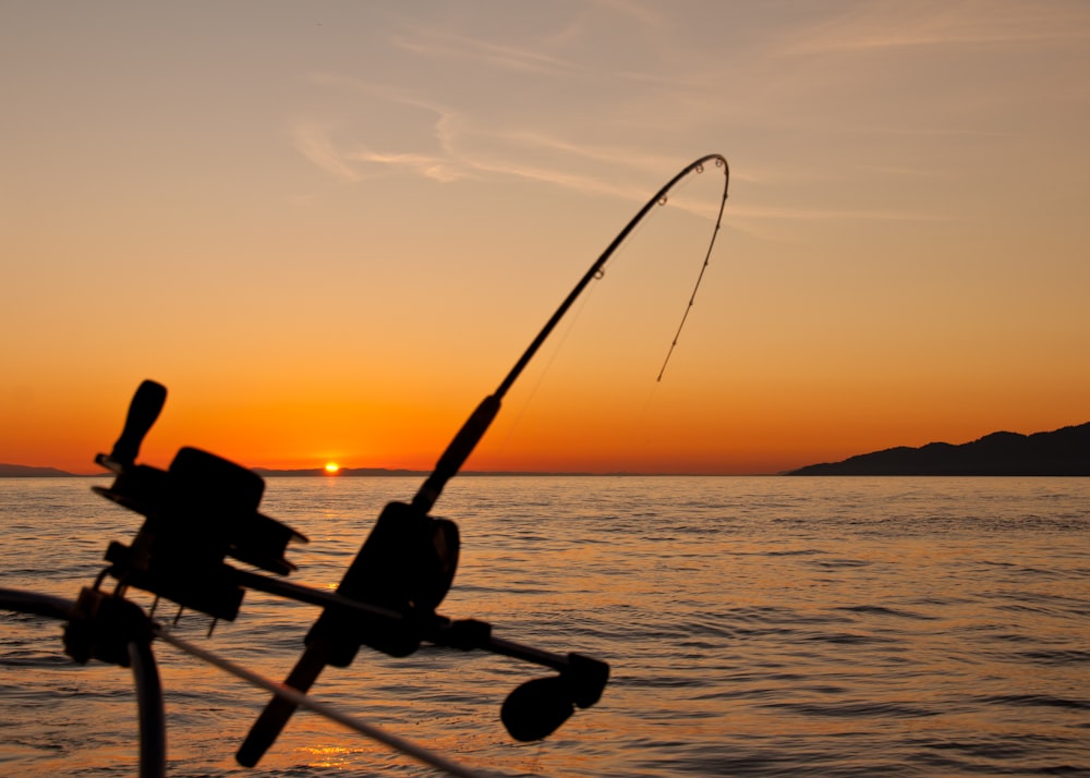 Canna da pesca nera e specchio d'acqua durante l'ora d'oro