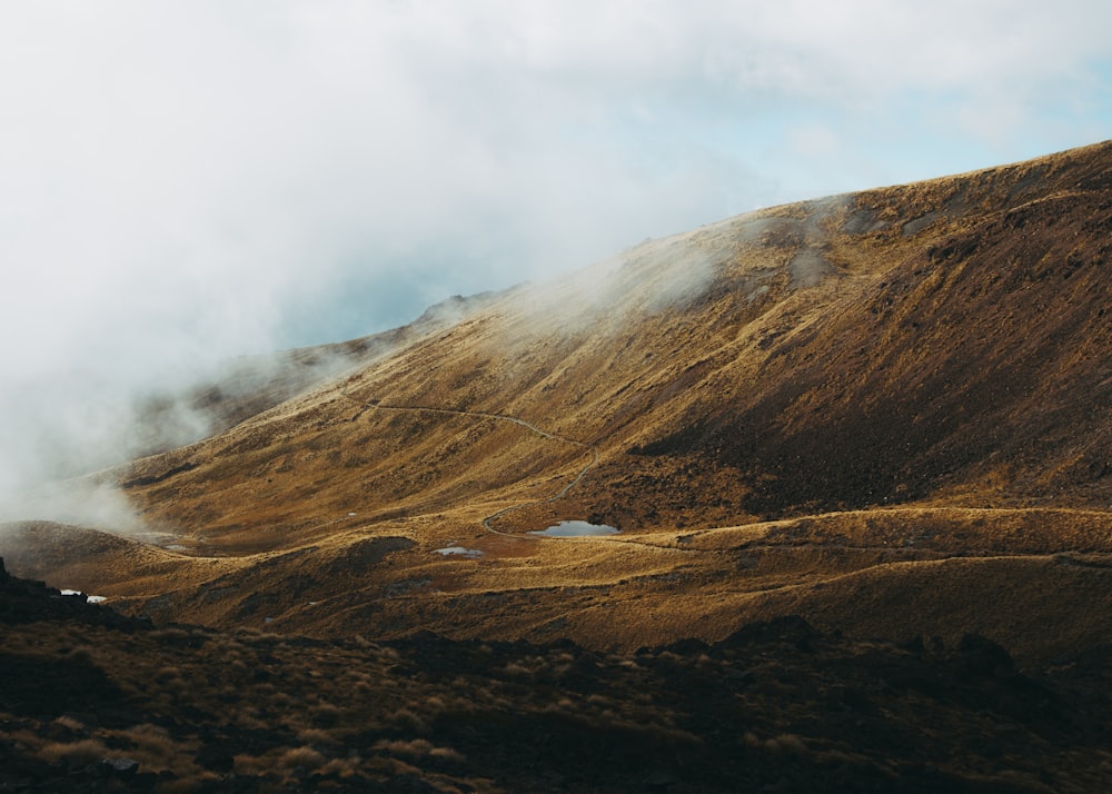 photographie de paysage de montagnes brunes et de brouillards